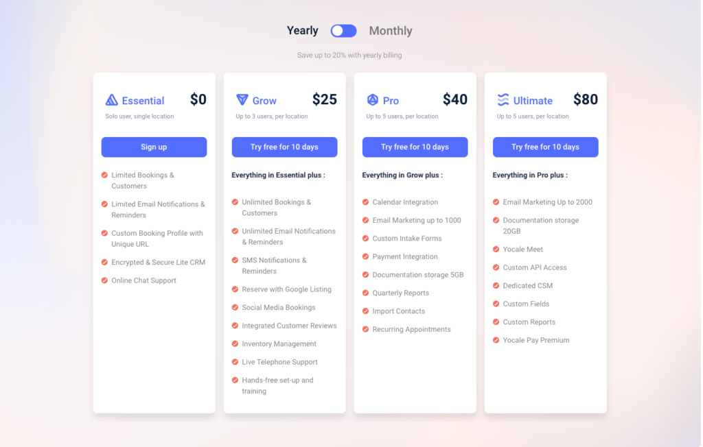 Yocale Subscription Pricing