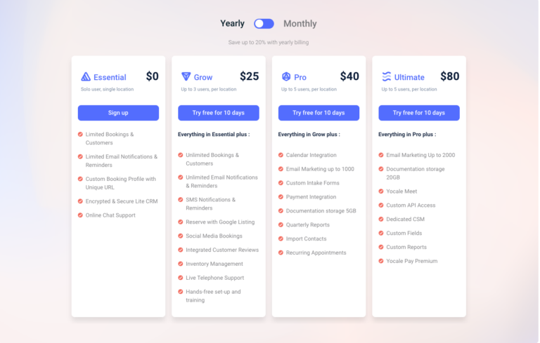 Yocale Subscription Pricing